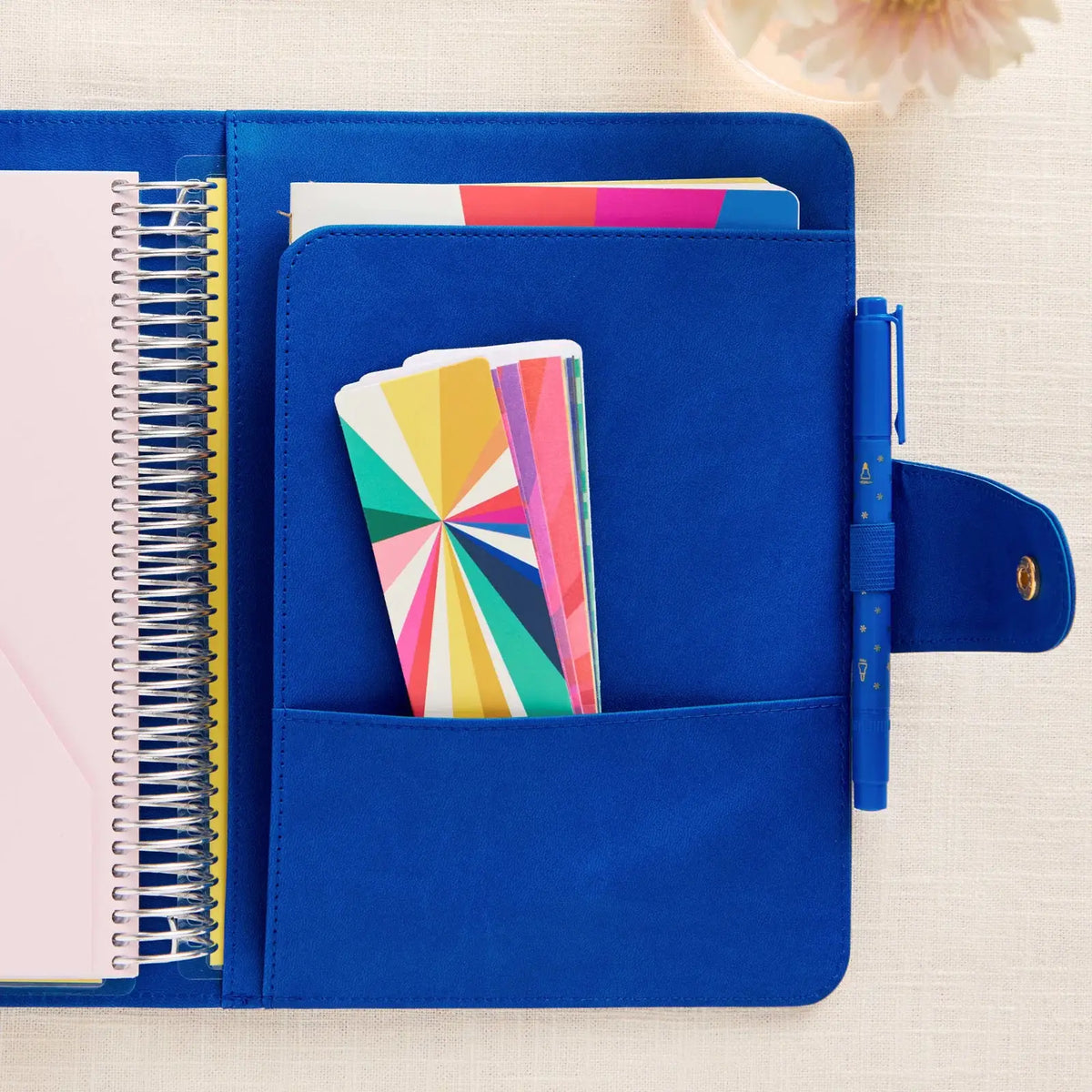 Erin Condren planner folio: Royal Blue folio with supplies in its storage pocket