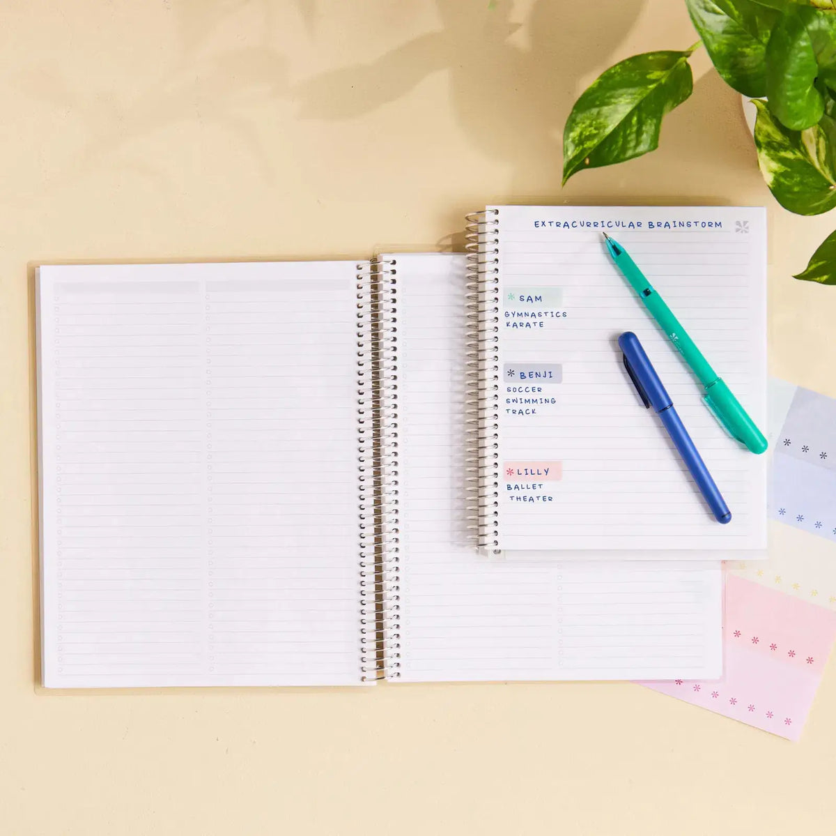 Erin Condren coiled notebook: Open lined notebook with pens and another notebook