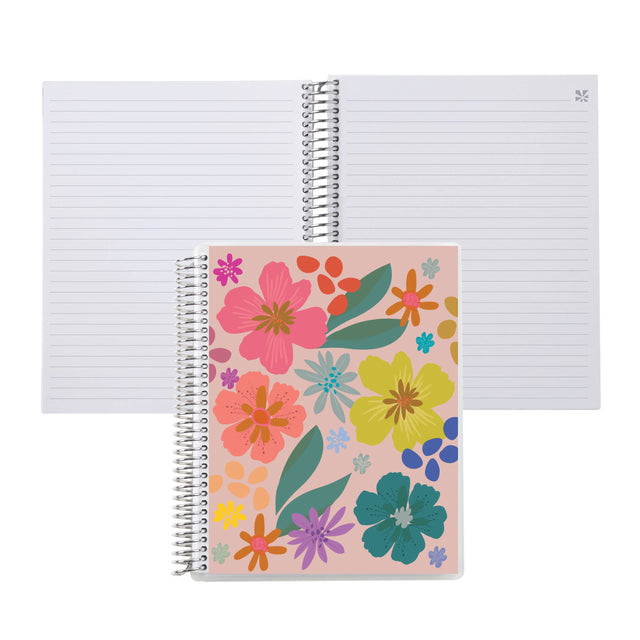 Erin Condren 7x9 Popping Petals Coiled Notebook - Lined notebook. Spiral-bound notebook with a colourful floral design on a white background