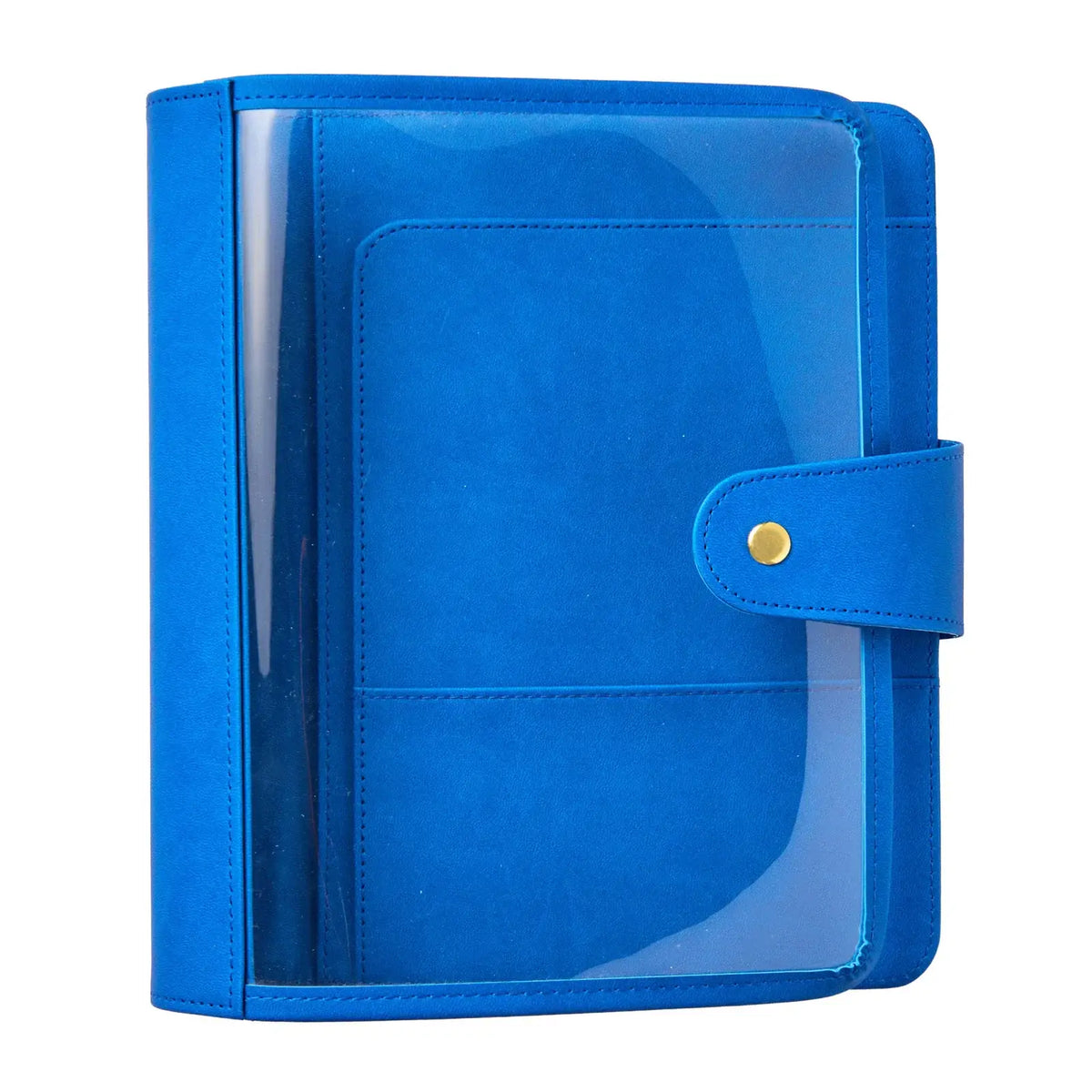 Erin Condren Royal Blue Clear Planner Folio: Closed Royal Blue clear planner folio with button tab