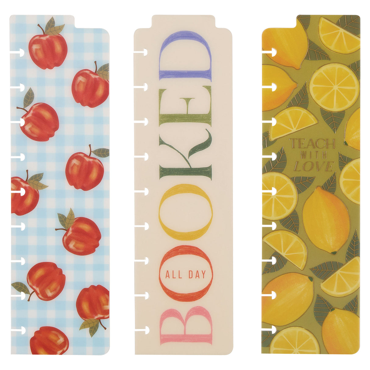 Happy Planner Fruit Stand Classic Bookmarks set - Three colourful bookmarks with fruit and text designs on a white background.