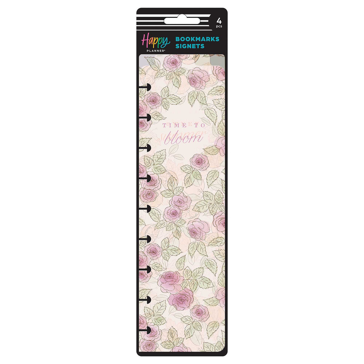 Happy Planner Seasonal Sidewalks four-pack bookmark packaging with pink floral Time to Bloom design