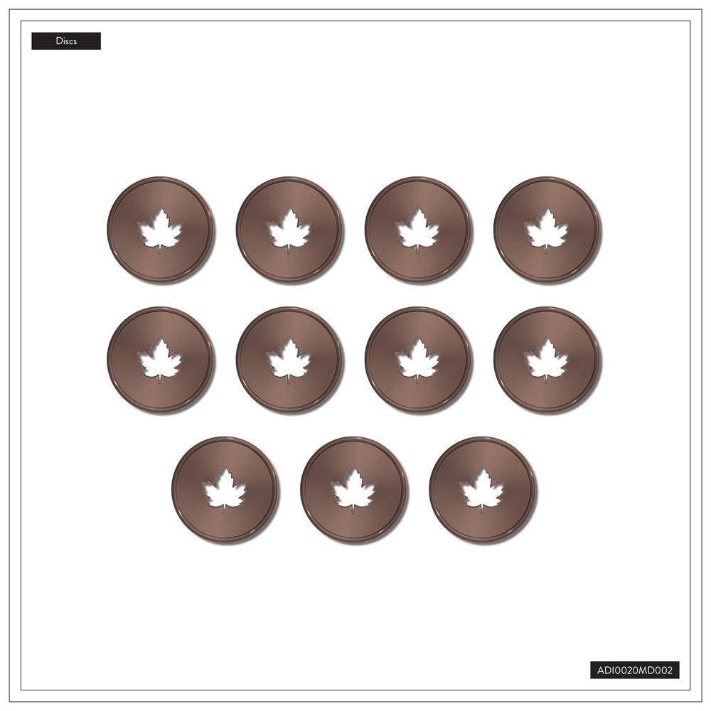 Set of 12 round coasters with leaf design on a white background