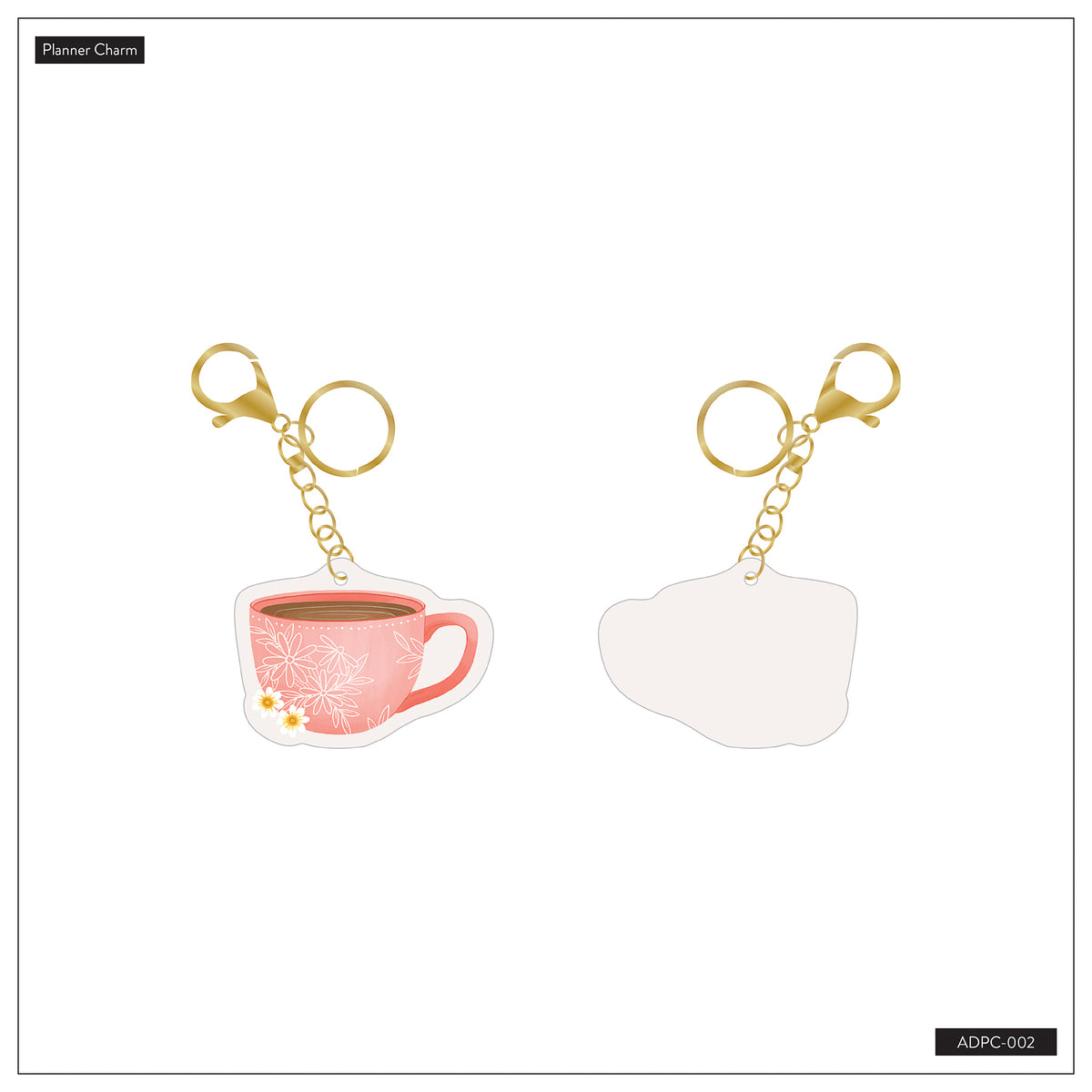 Front and back of the Coffee Planner Charm with pink floral cup design and gold-tone clasp