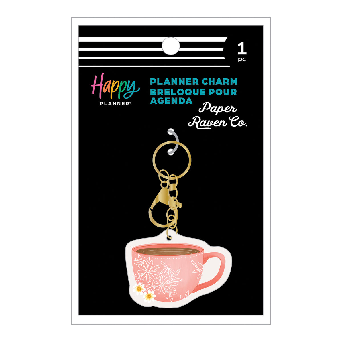 Happy Planner Coffee Planner Charm by Paper Raven Co. with pink coffee cup on black product packaging