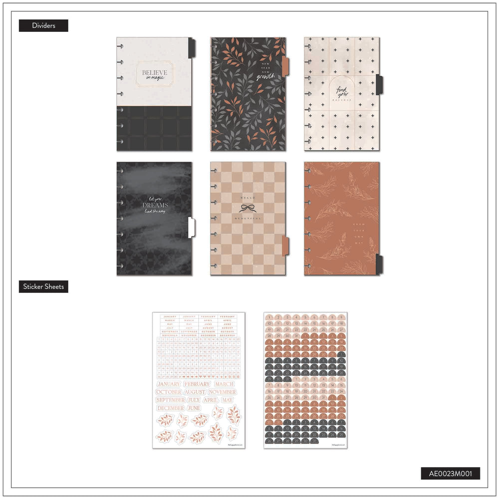 Collection of happy planner dashboard layout, divider tabs, and sticker sheets with various designs on a white background.
