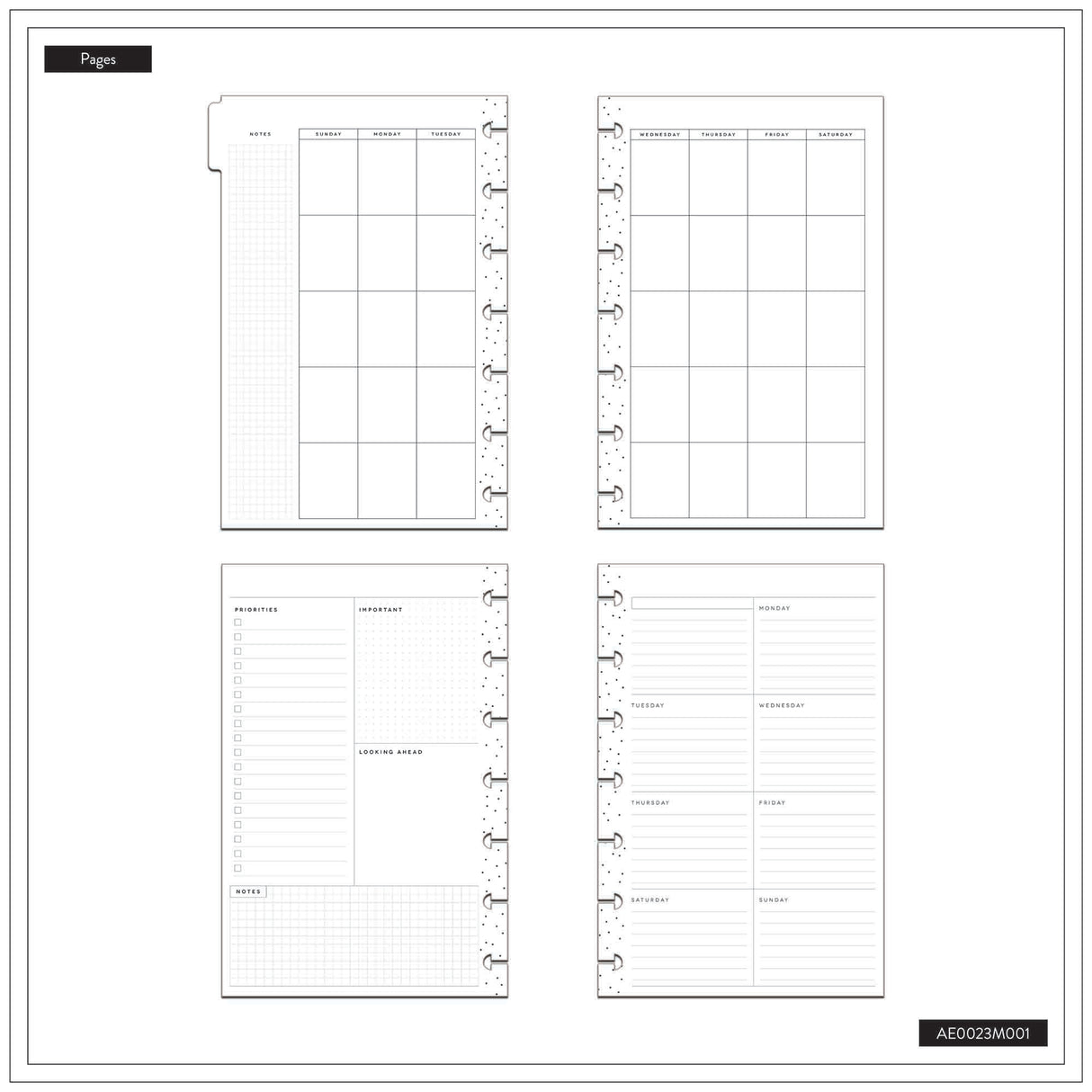Set of four planner happy planner dashboard layout pages with grid and tabular layouts on a white background.