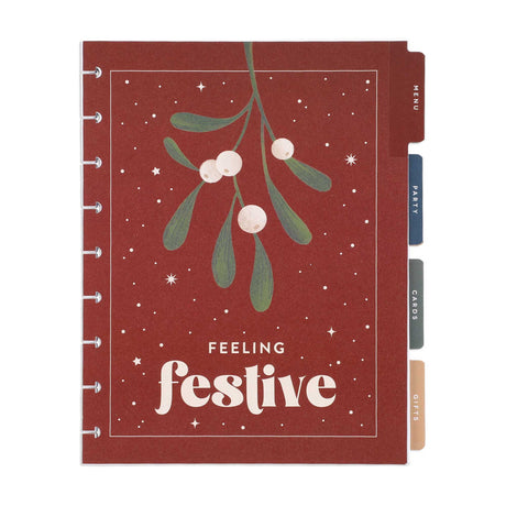 Happy Planner CLASSIC Woodland Seasons Christmas Extension Pack with a red background, featuring mistletoe and the text 'Feeling festive'.