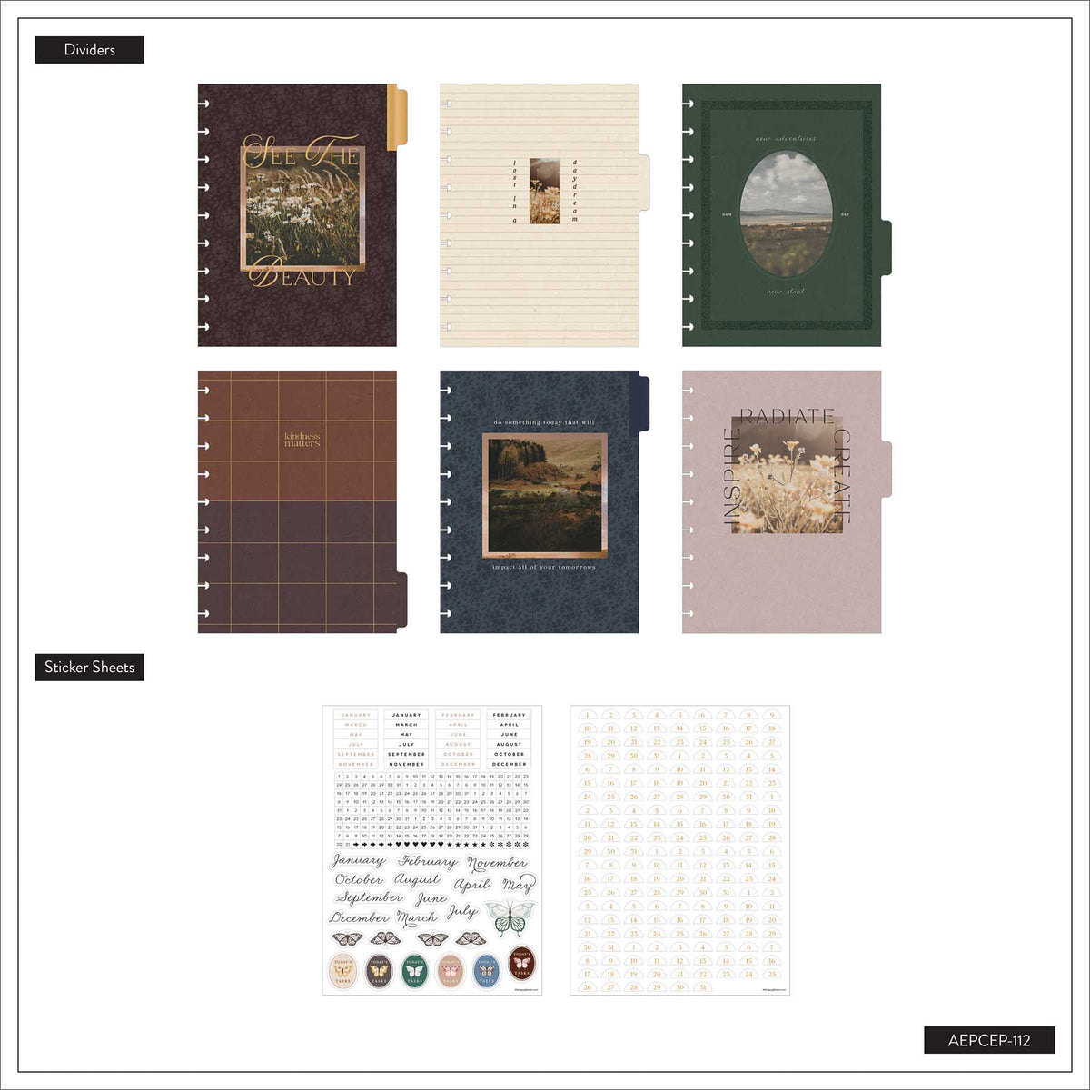 Happy Planner Shadow Fields six artistic dividers and coordinating sticker sheets
