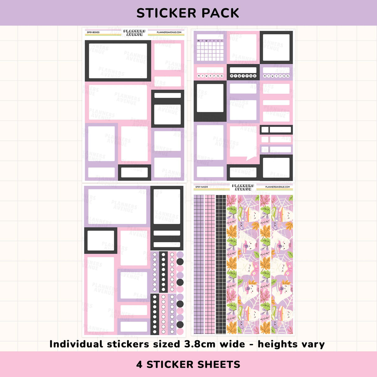 Sticker pack with various designs on a white background