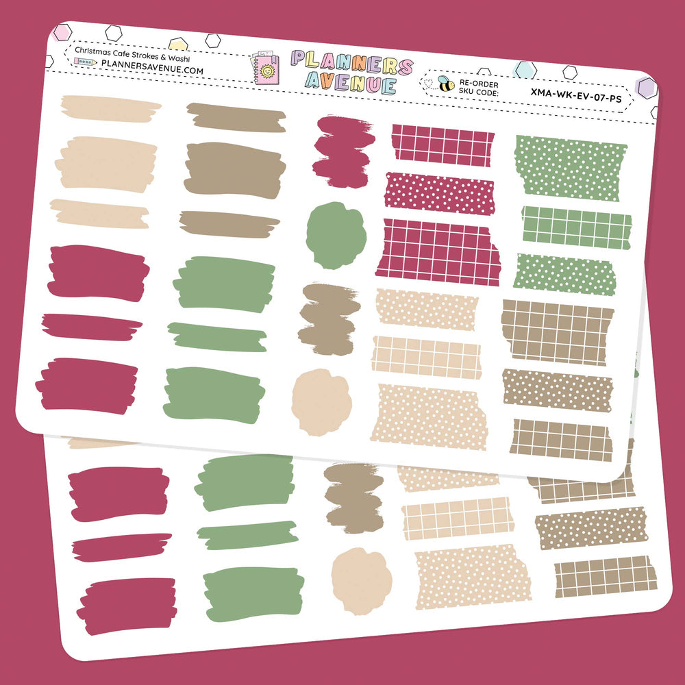 Christmas Cafe Brush Stroke + Torn Washi Strips Sticker sheet of decorative planner stickers with various patterns on a pink background