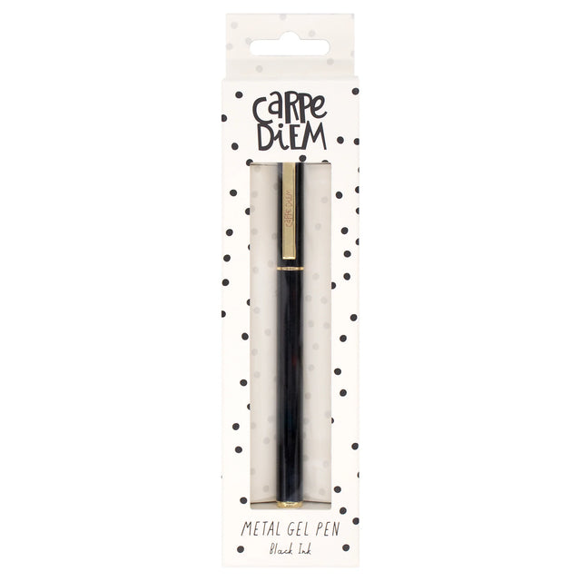 Metal gel pen in packaging with 'carpe diem' text on a white background