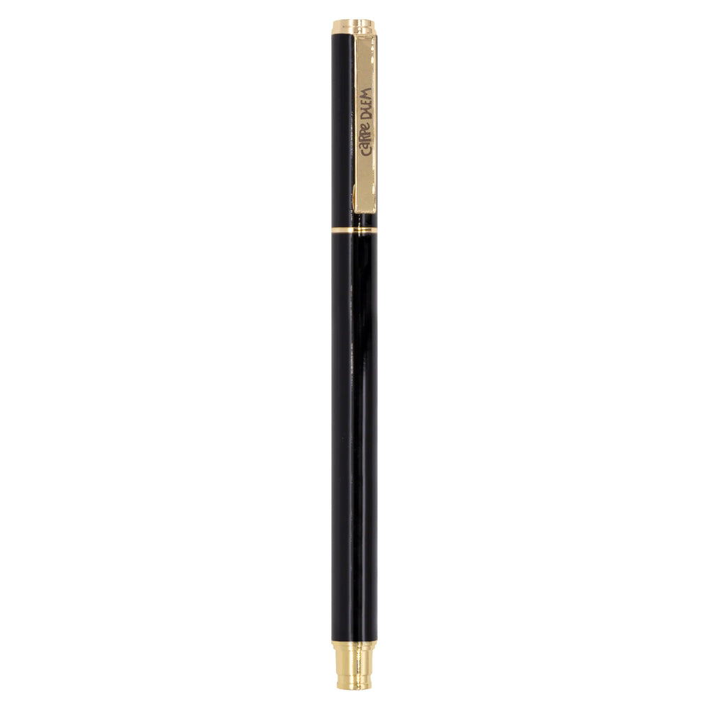 Carpe Diem Black Metal Gel Pen with gold accents on a white background