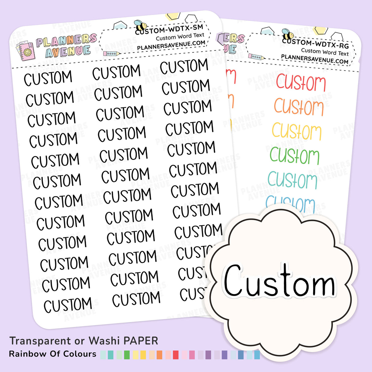 Clear Custom Text Word Planner Stickers shown on a light lavender background. One sheet is fully visible and the other is partially obscured behind it.
