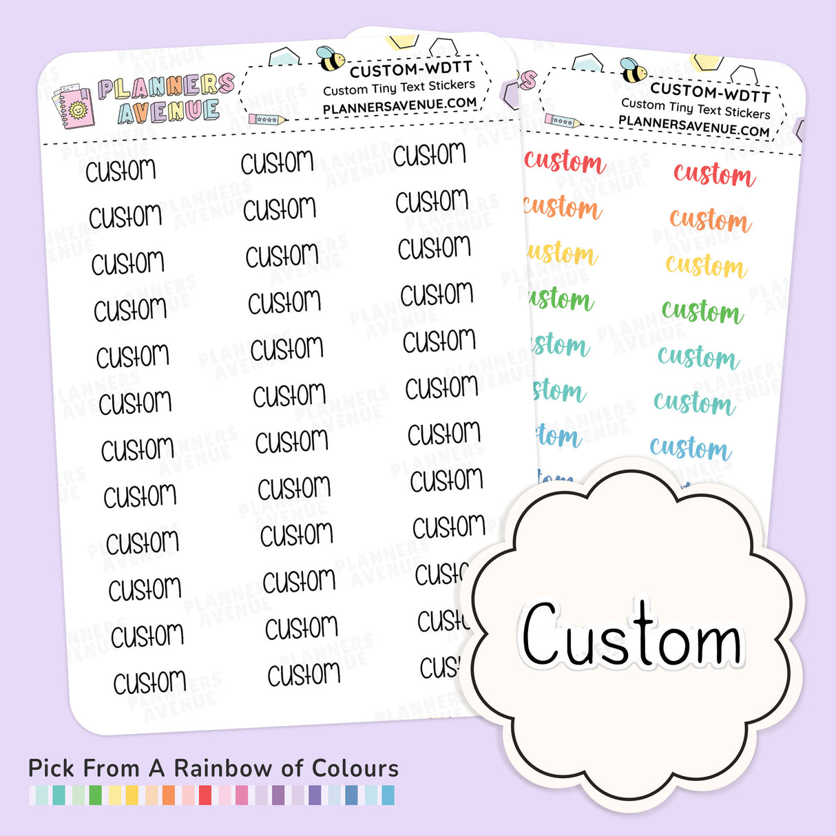 Custom Tiny Text Planner Sticker sheets shown with mini text stickers from Planner Avenue, on a light lavender background