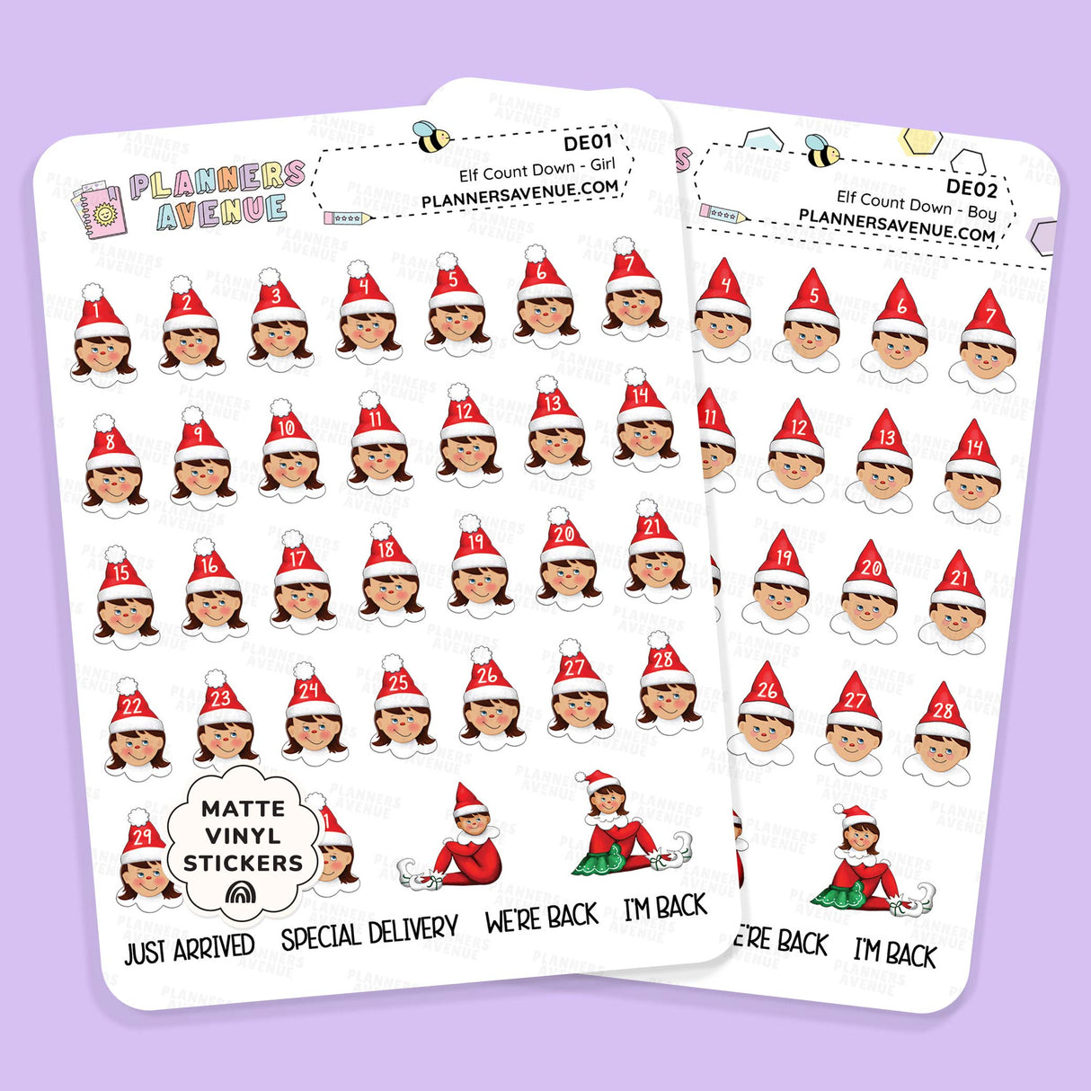 Christmas Elf Countdown Stickers featuring elves with red hats and numbers on a purple background.