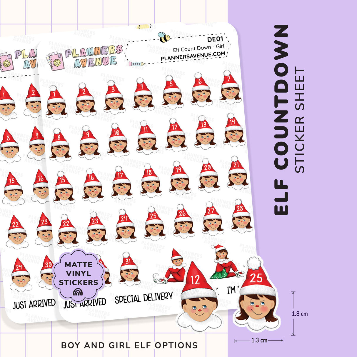 Christmas Elf Countdown Stickers Sheet of elf countdown stickers with boy and girl options on a purple background