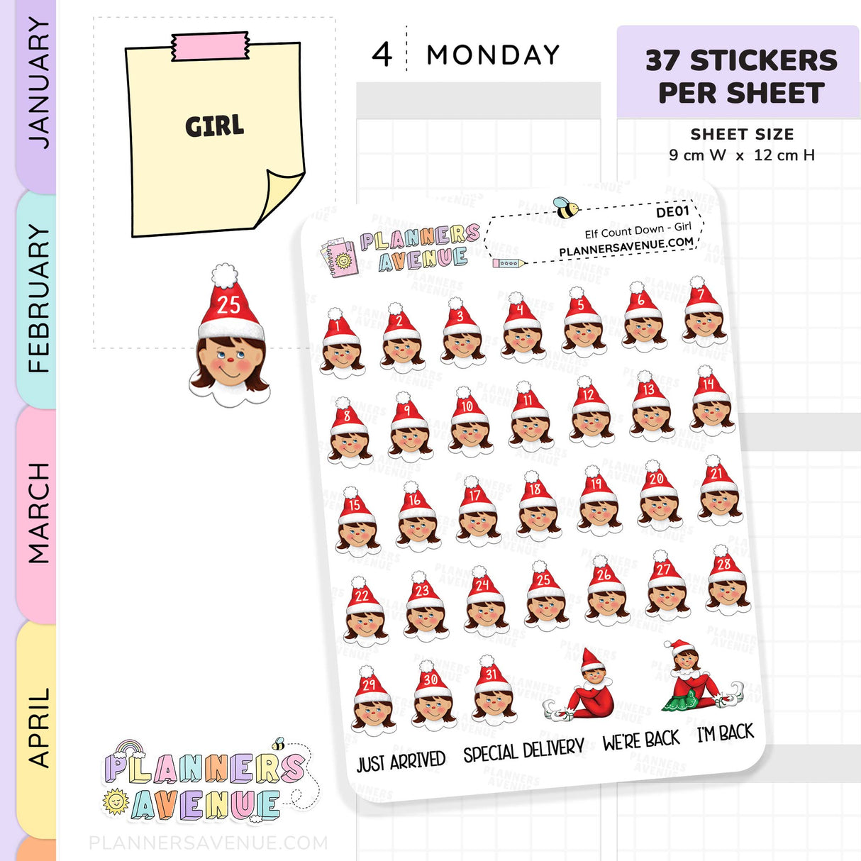 Christmas Elf Countdown planner stickers with a girl wearing a Santa hat with numbers to count down to christmas designed by 'Planners Avenue'.