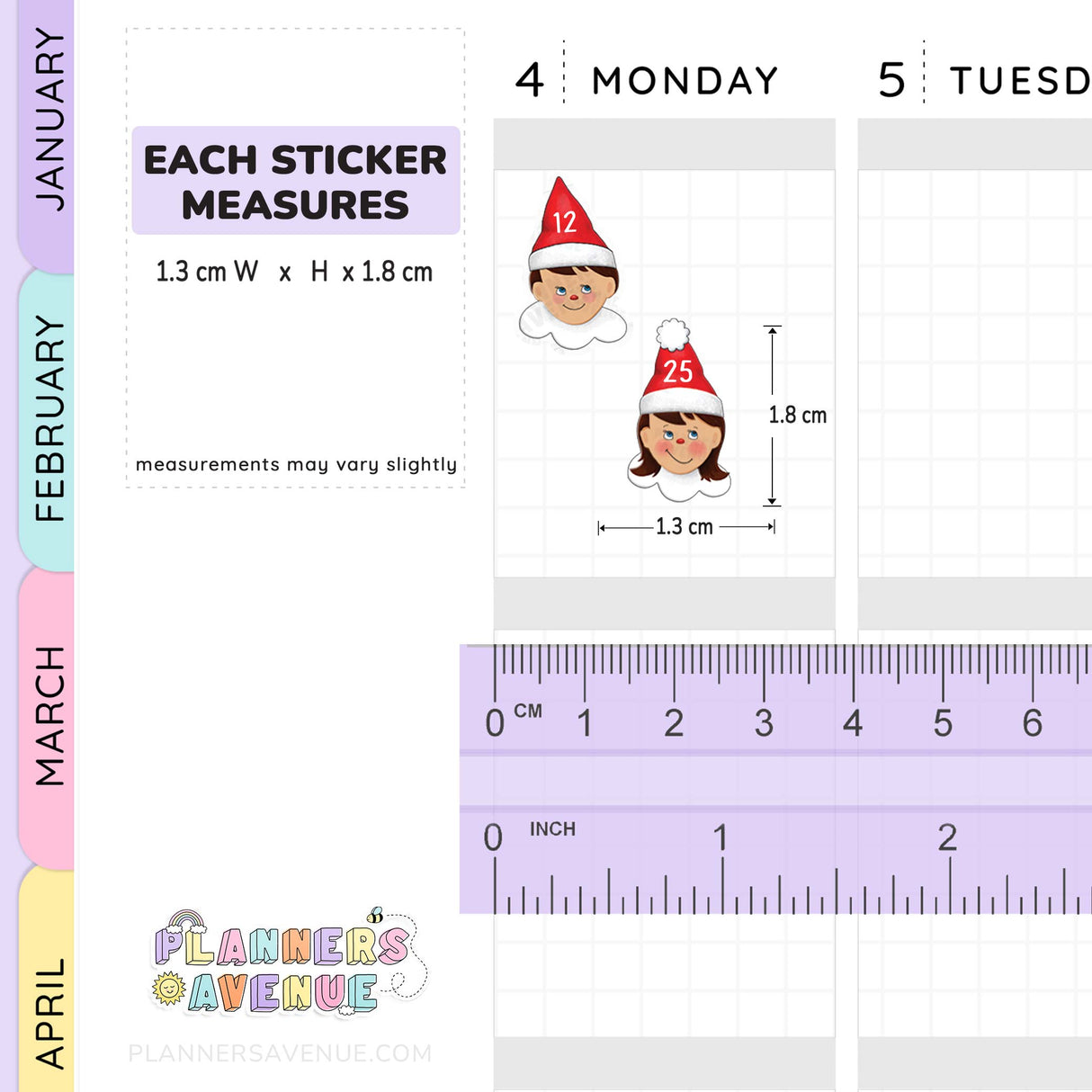 Calendar page with Elf on the Shelf stickers and measurements, featuring a ruler for scale.