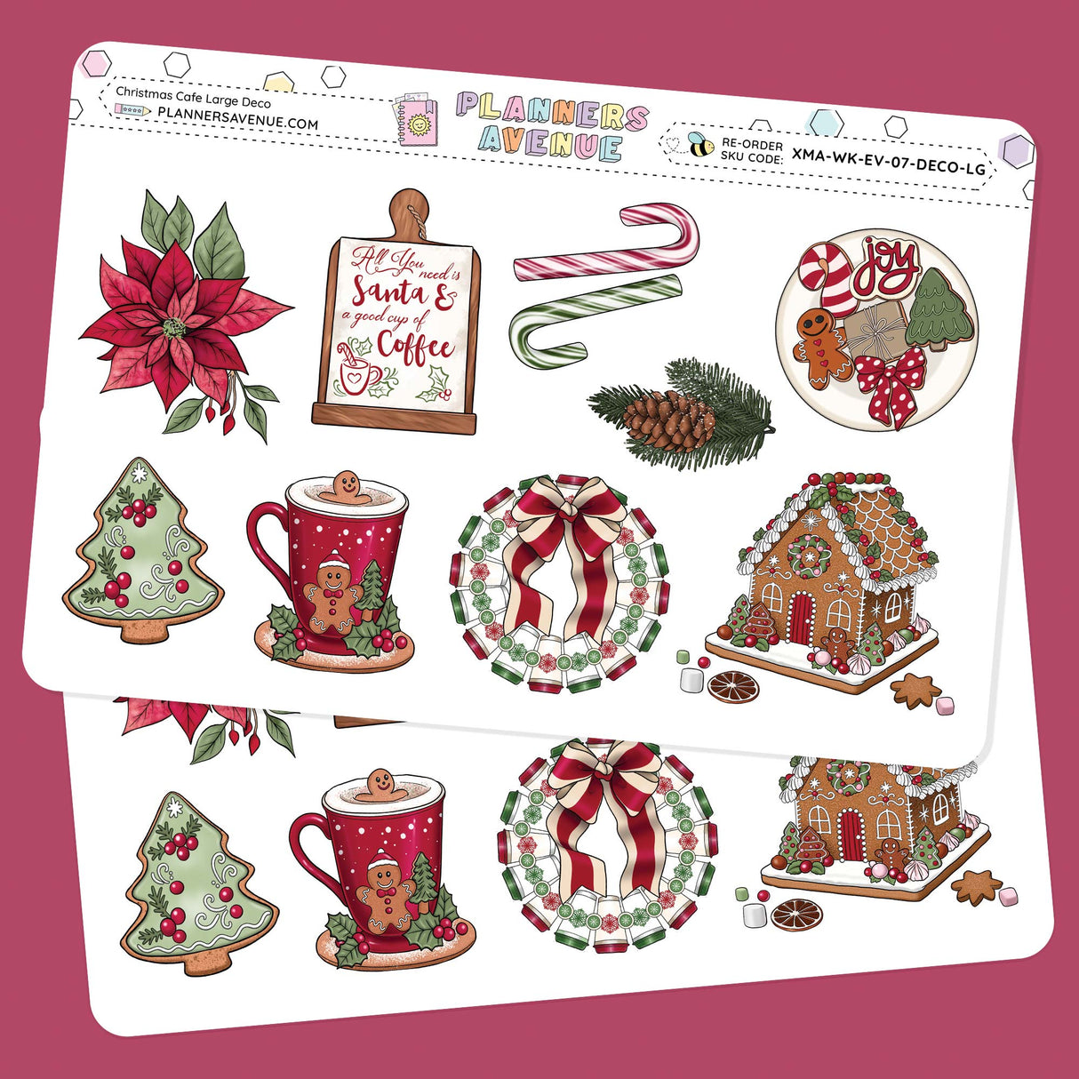 Christmas Cafe Decorative Journaling Sticker of Christmas-themed stickers with various designs on a pink background