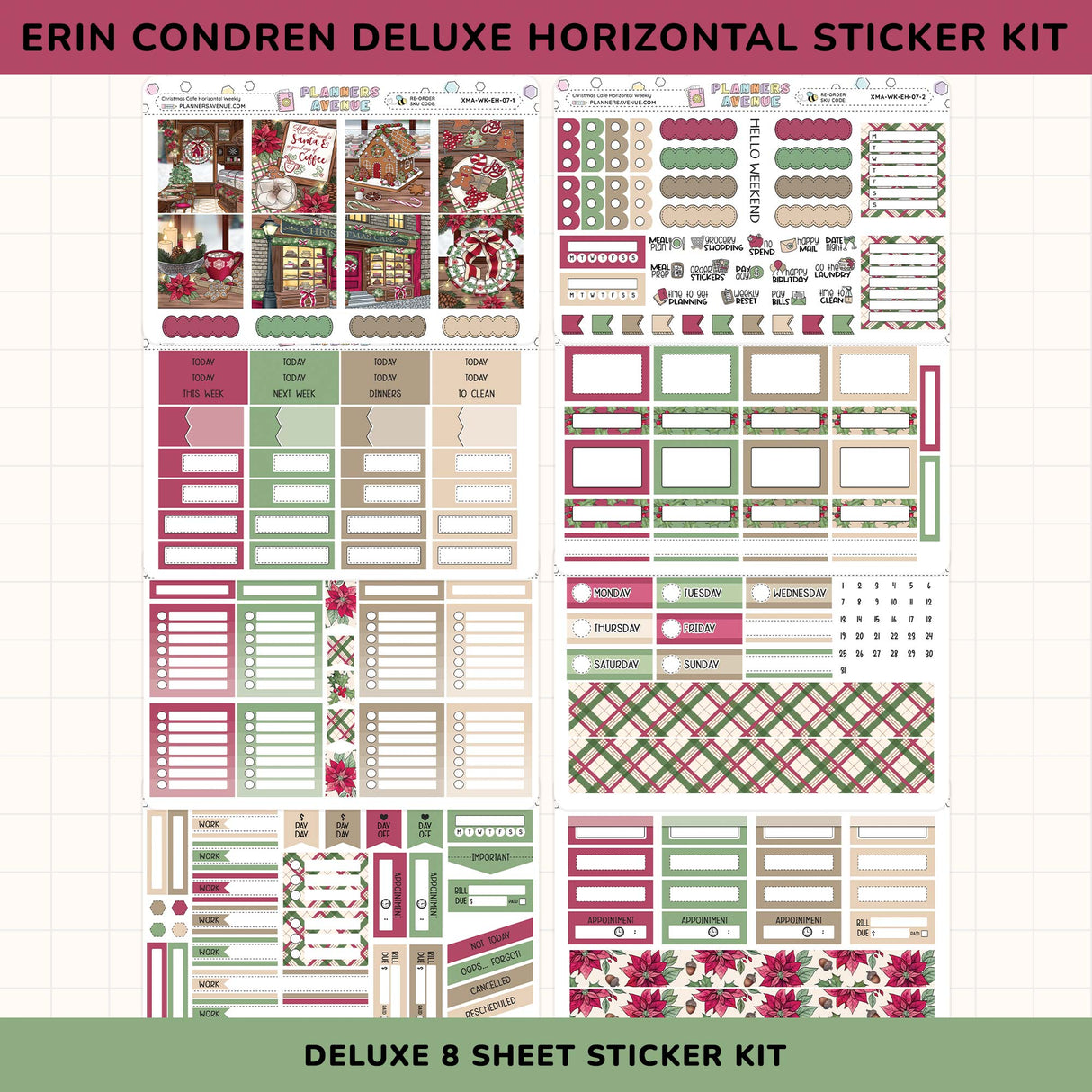 Erin Condren Deluxe Horizontal Sticker Kit with various Christmas planner stickers on a white background.