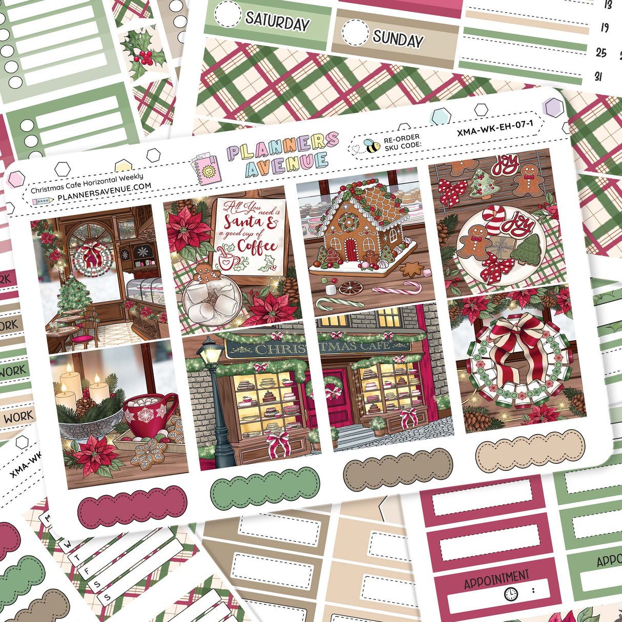 Christmas Cafe Horizontal Weekly Sticker Kit Collection of Christmas-themed planner stickers with various designs and text.