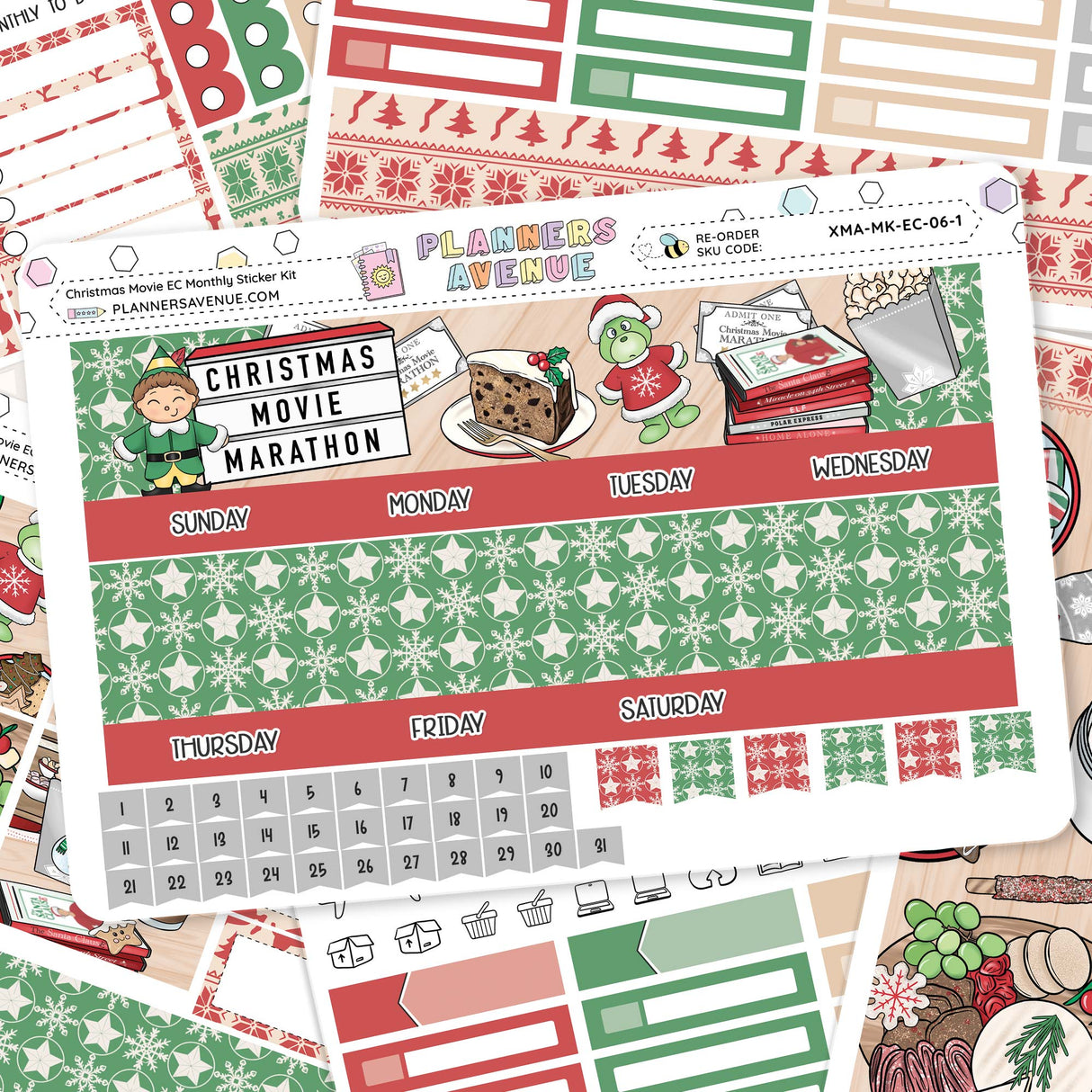 Christmas Movies Vertical Weekly Sticker Kit Collection of Christmas-themed planner stickers with a monthly page layout and festive designs.