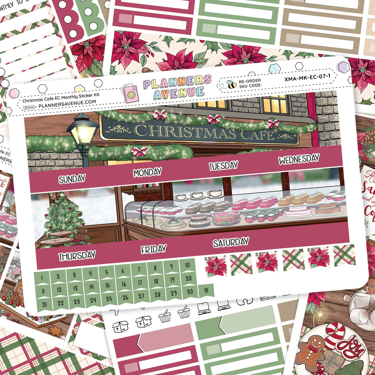 Christmas Cafe Erin Condren Monthly Sticker Kit Collection of Christmas-themed planner stickers with a 'Christmas Cafe' layout.