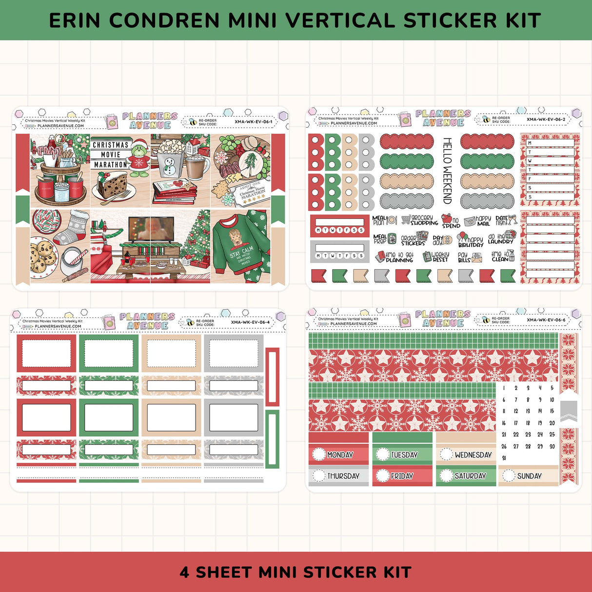 Erin Condren Mini Vertical Sticker Kit with various christmas themed sticker designs on a white background