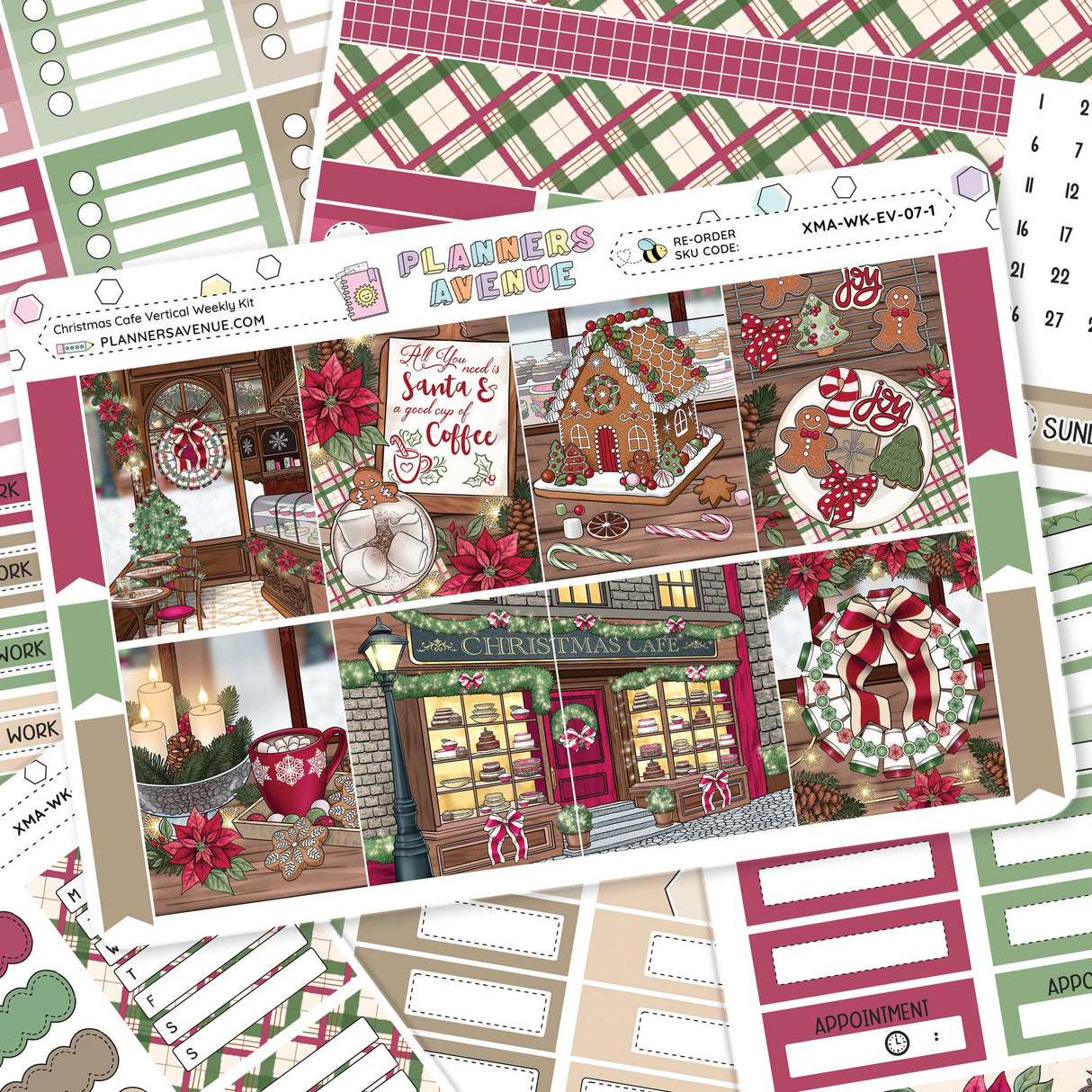 Christmas Cafe Vertical Weekly Sticker Kit Collection of Christmas-themed planner stickers with festive designs and text.