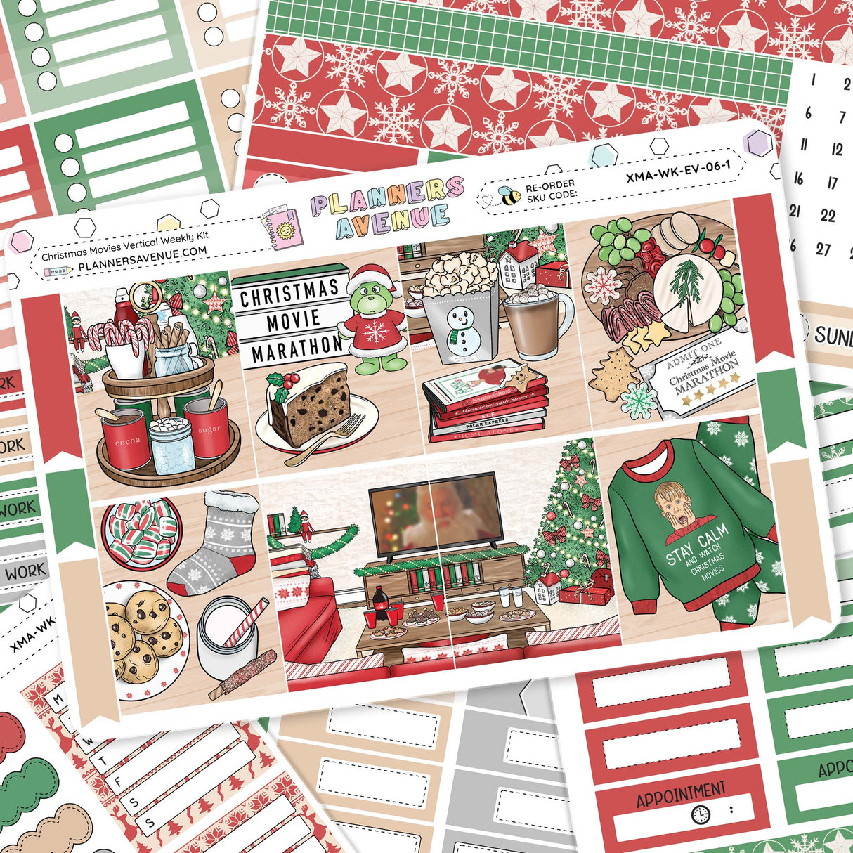 Christmas Movies Vertical Weekly Sticker Kit Collection of Christmas-themed planner stickers with various designs, including food, movies, and activities.