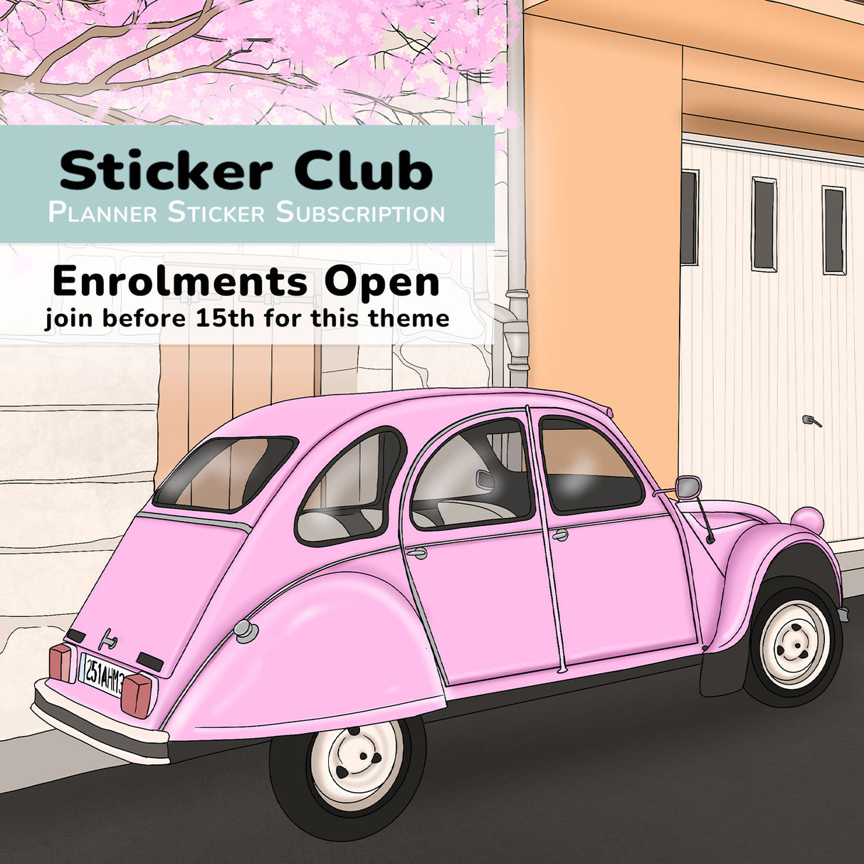 September Sticker Club at Planners Avenue - Pink vintage car in front of a house with cherry blossoms, promoting a sticker club subscription.