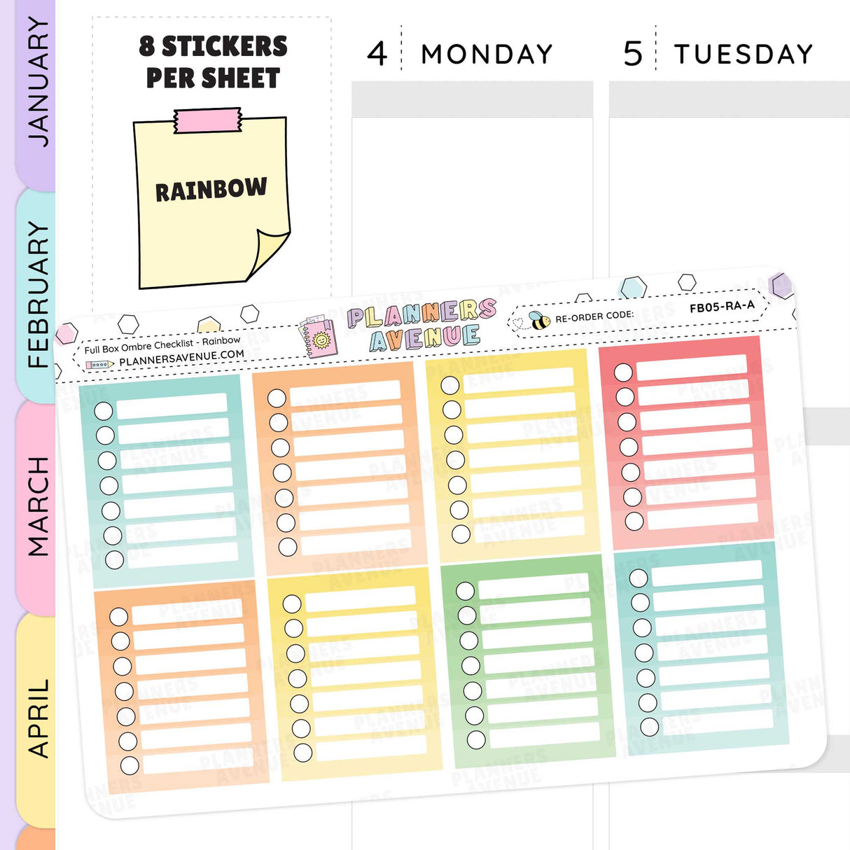 Set of planner stickers with colorful checkboxes and a 'Rainbow' label on a gray background.