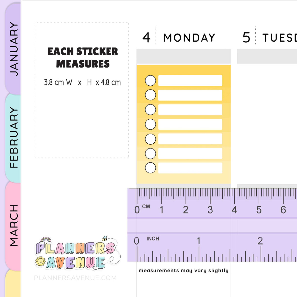 Planner stickers with a checklist design, measurements, and a ruler for scale.