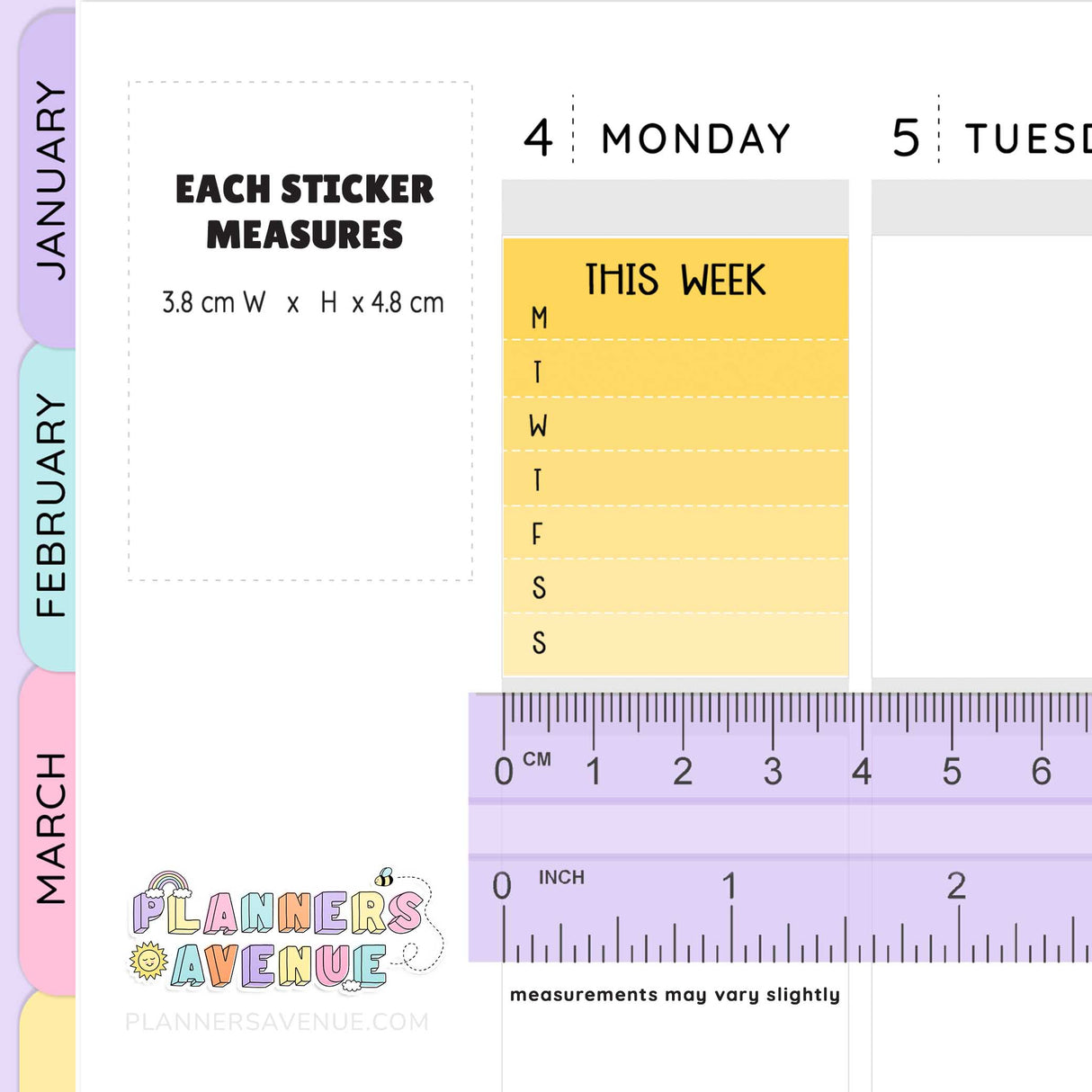 Weekly planner stickers with days of the week and a ruler for measurement, branded 'Planners Avenue'.
