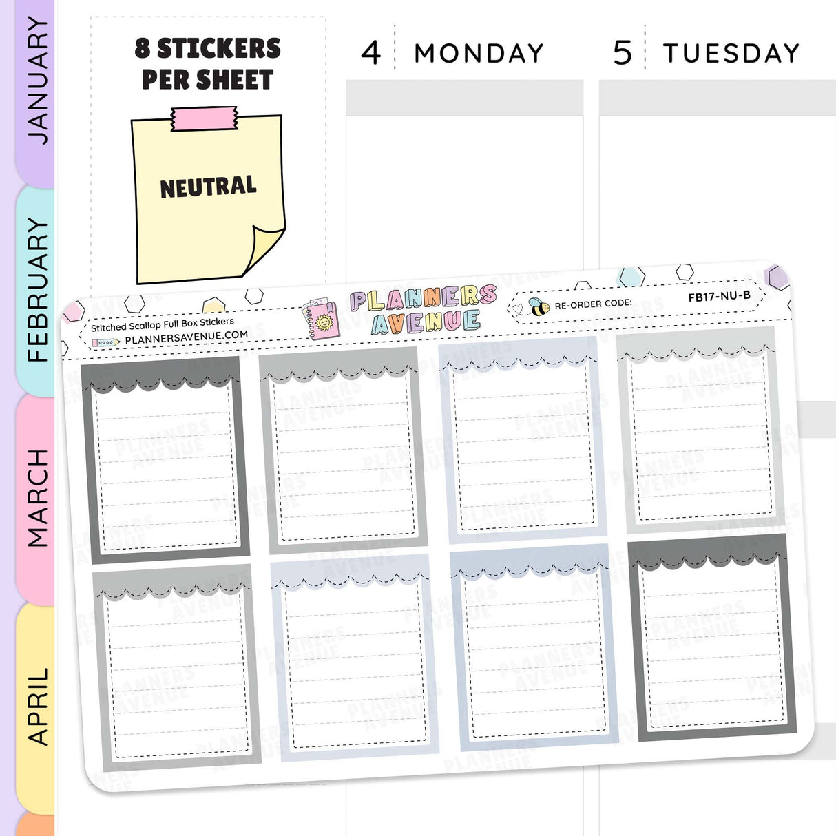 Neutral Stitched Scallop Full Box Planner Stickers