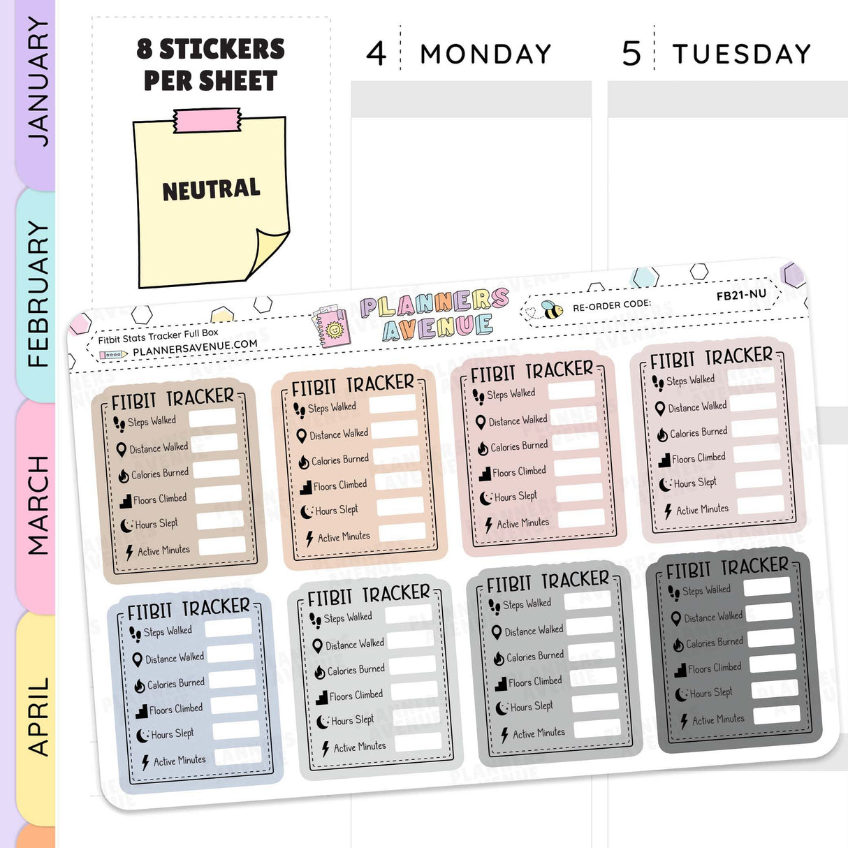Neutral Fitbit Stats Tracker Planner Stickers