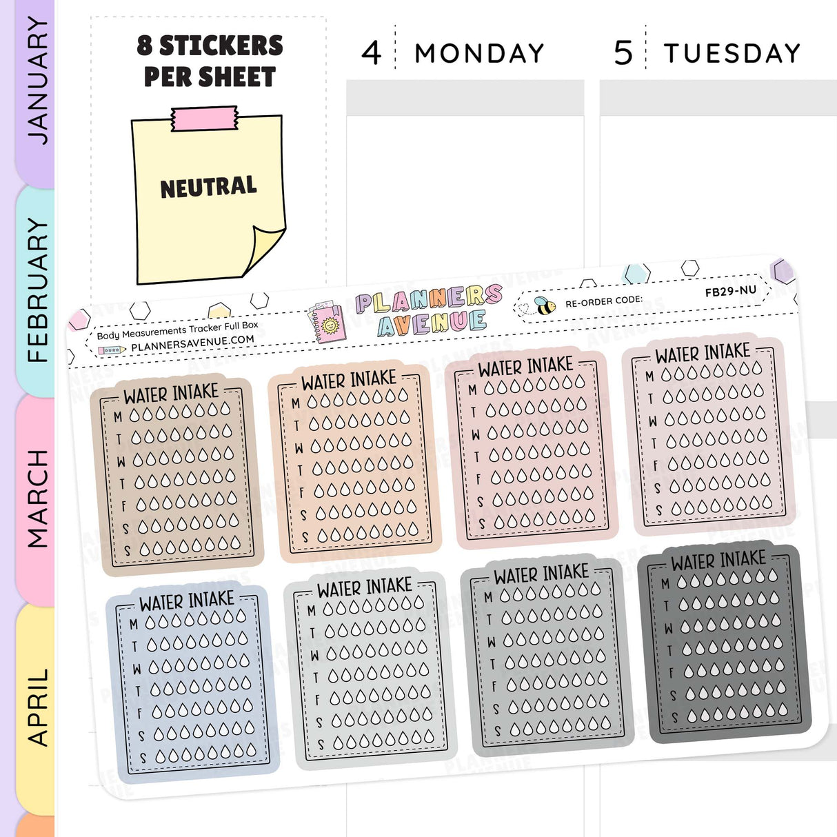 Neutral Weekly Water Intake Tracker Stickers