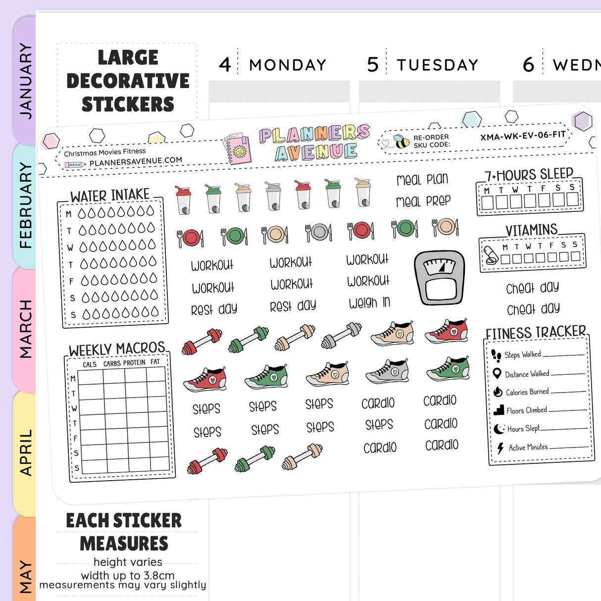 Planner stickers with various fitness activities and lifestyle trackers on a white background