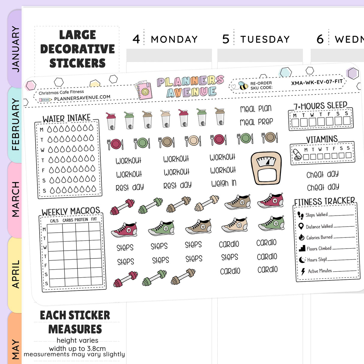 Planner stickers with various designs including fitness trackers and macros, displayed on a planner page.