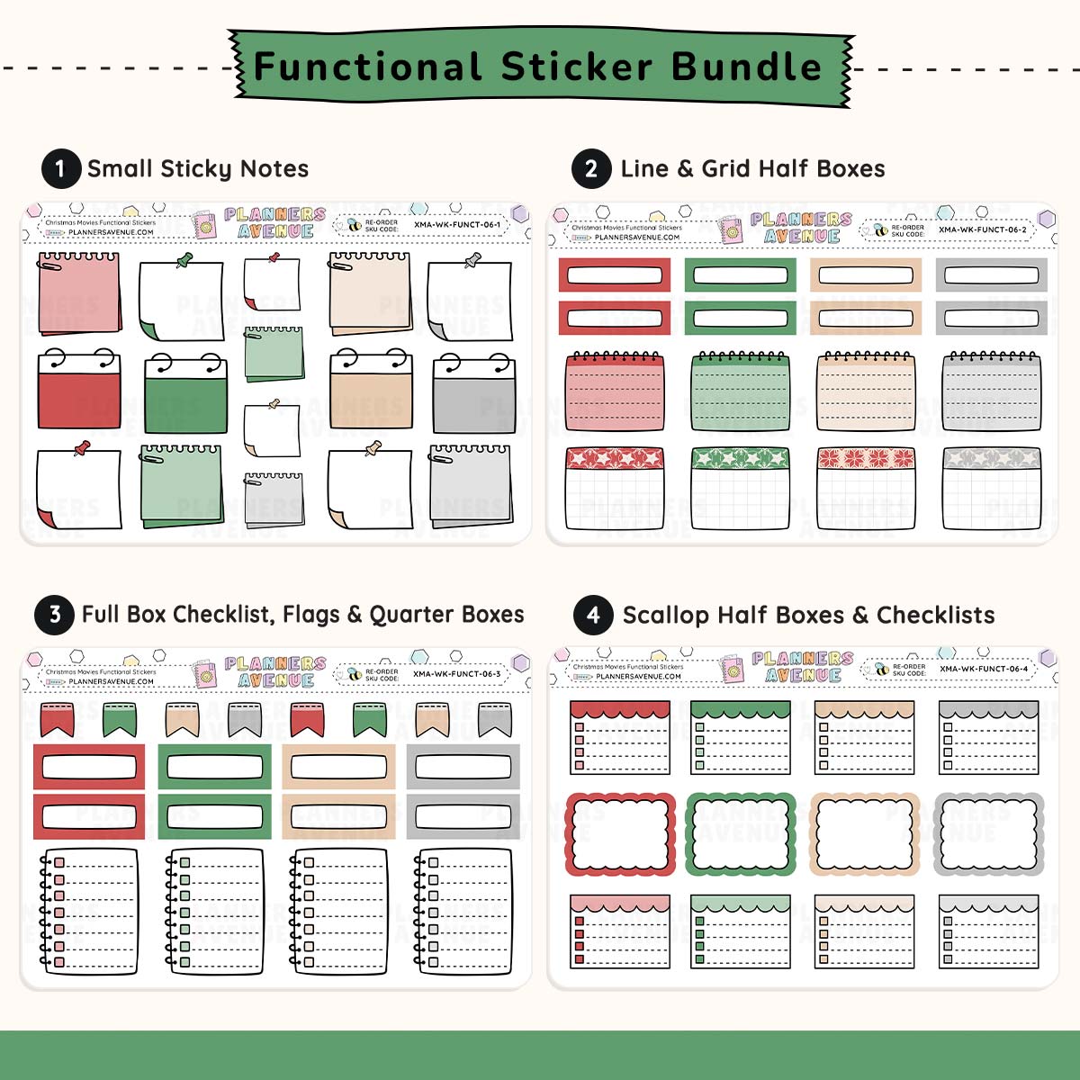 Functional sticker bundle with various planner stickers including sticky notes, half boxes, and checklists.