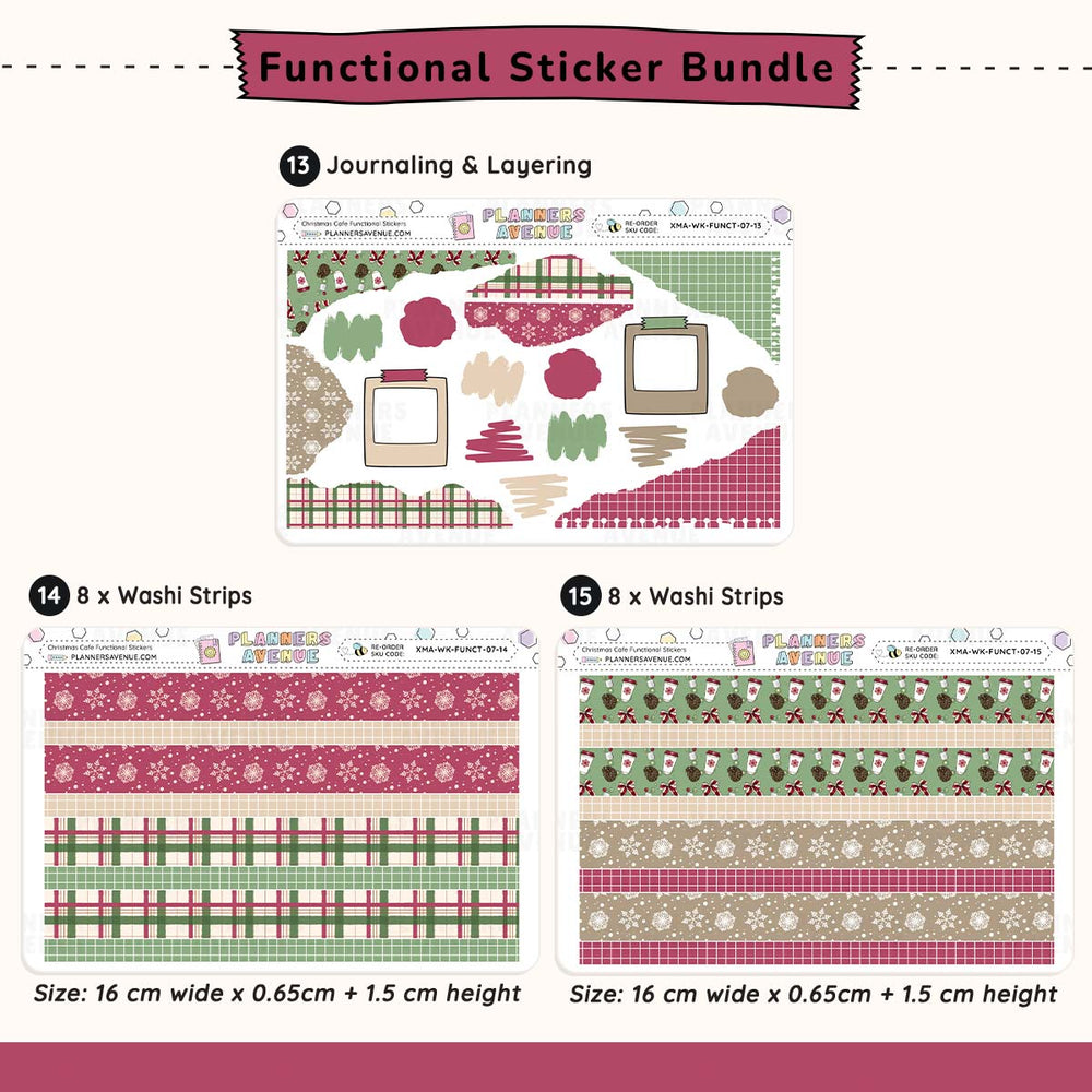 Functional sticker bundle with journaling and layering elements and washi strips on a white background.