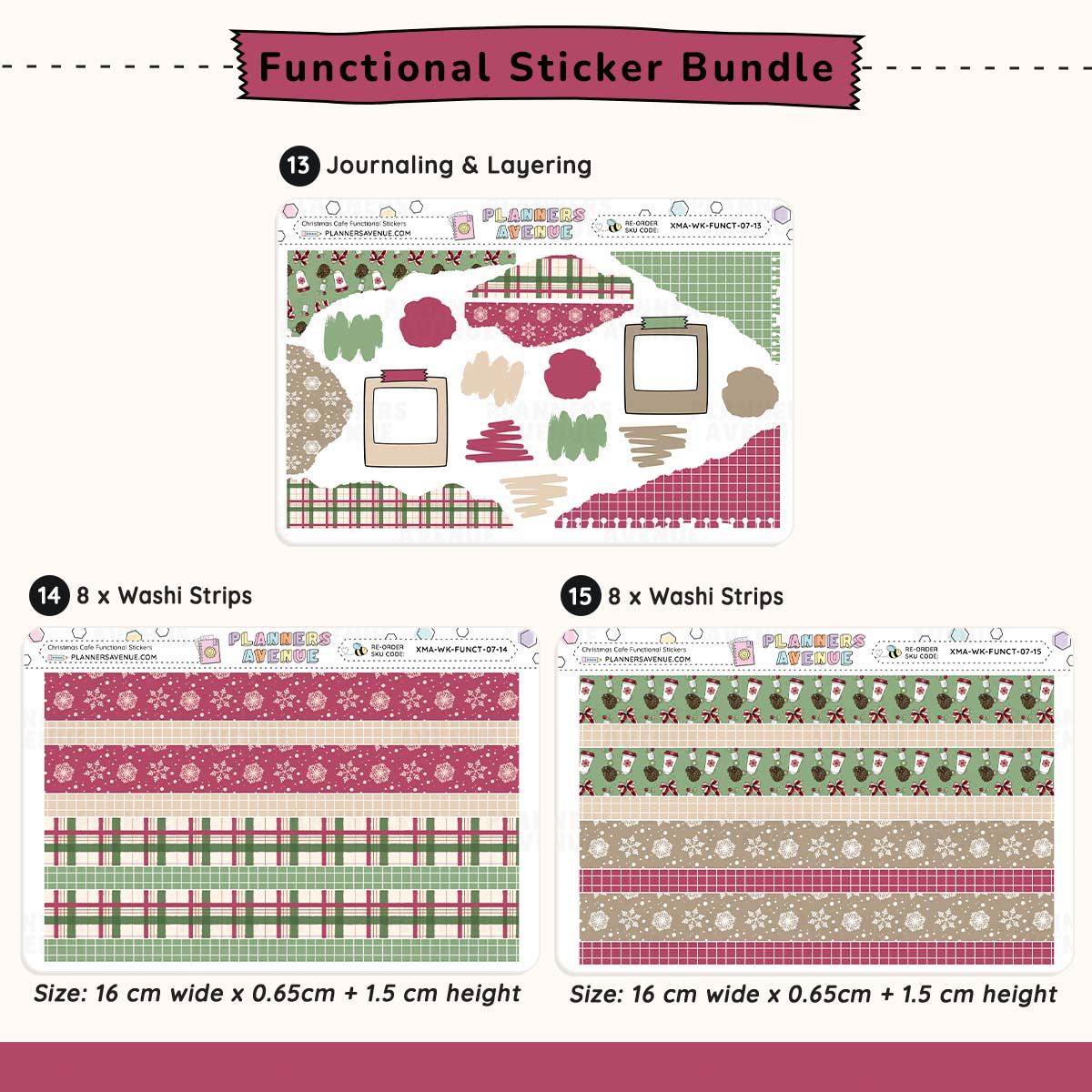 Functional sticker bundle with journaling and layering elements and washi strips on a white background.