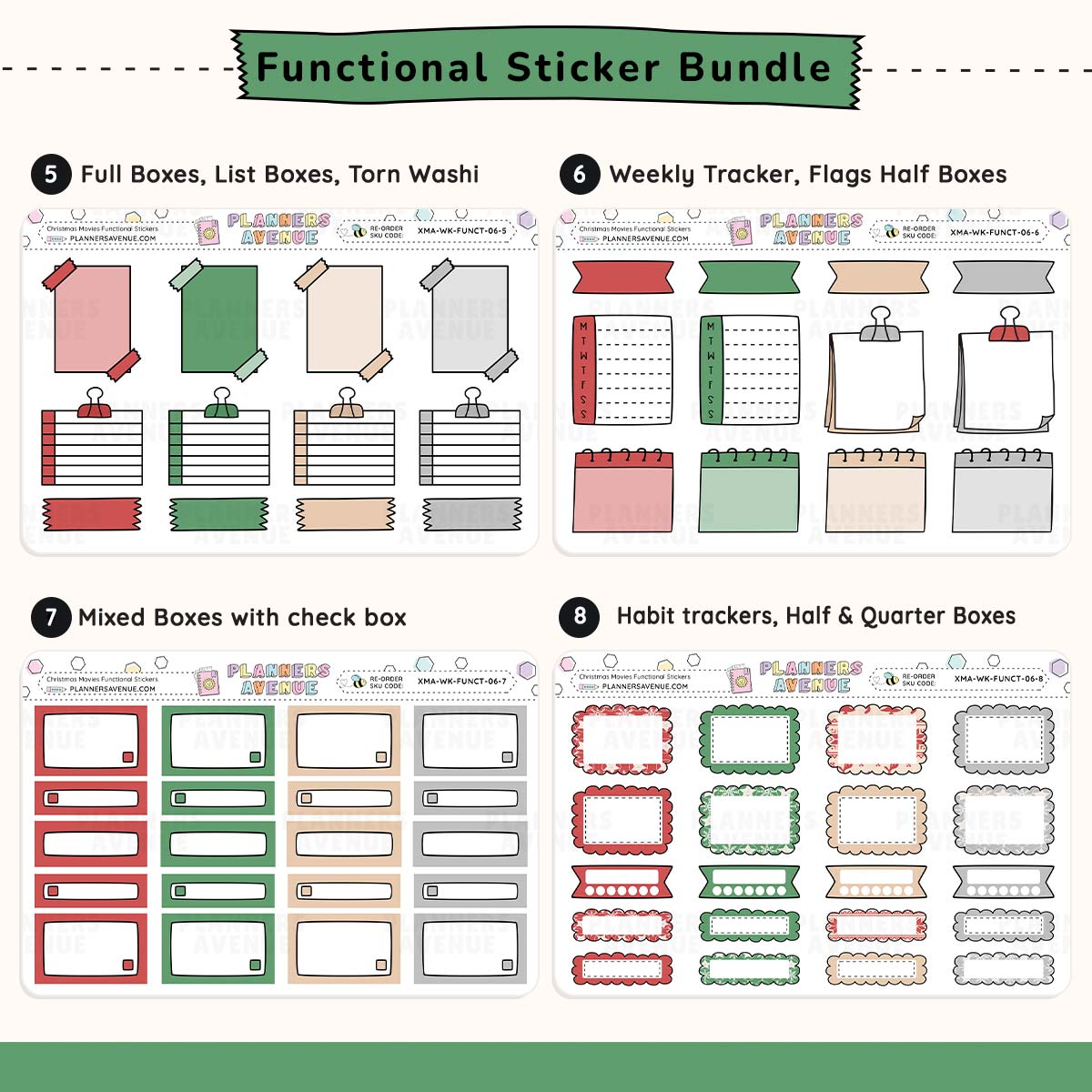 Functional sticker bundle with various planner stickers, including weekly trackers, quarter boxes, and checklists.