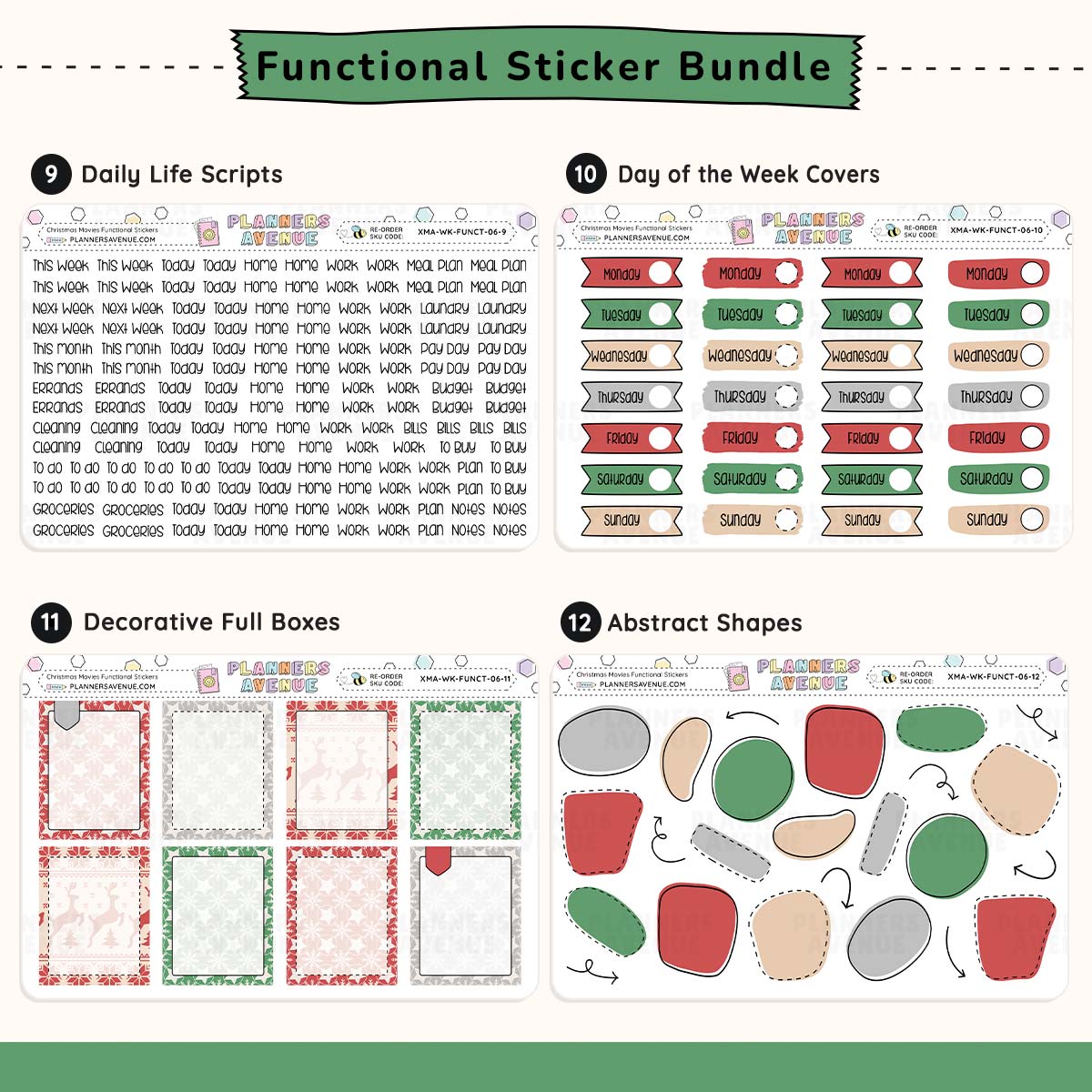 Functional sticker bundle with various planner stickers including script words, day of the week covers, full boxes and various shapes.