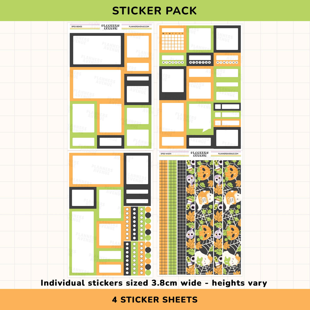 Sticker pack with various designs on a white background