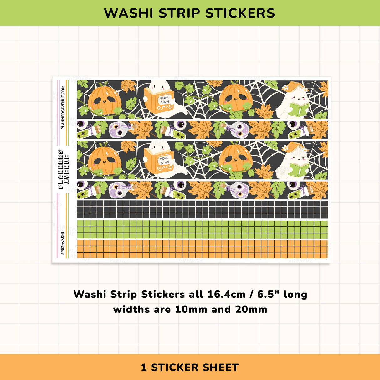 Halloween-themed washi strip stickers with grid pattern washi featuring pumpkin and bookish ghosts.