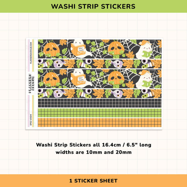 Halloween-themed washi strip stickers with grid pattern washi featuring pumpkin and bookish ghosts.