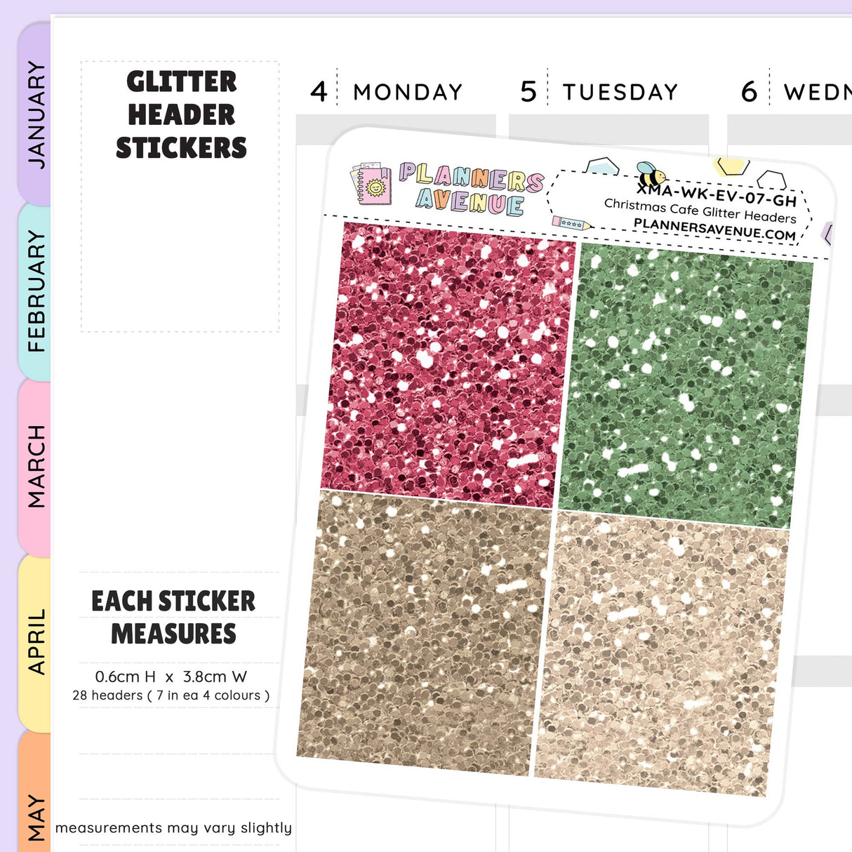 Glitter header stickers with pink, green, and gold glitter patterns on a planner page background.