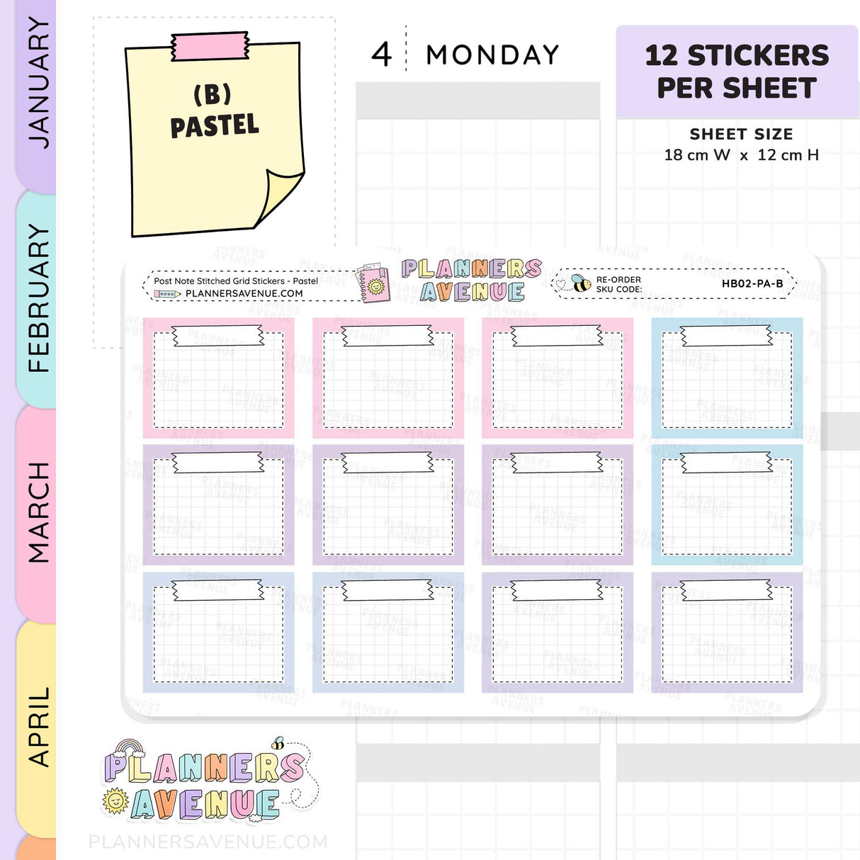 Post Note Stitched Grid Planner Stickers